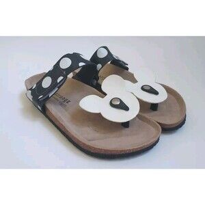 NWOT Ladies Atrungz Black/White Polka Dot Mickey Mouse Leather Sandals Size 6.5